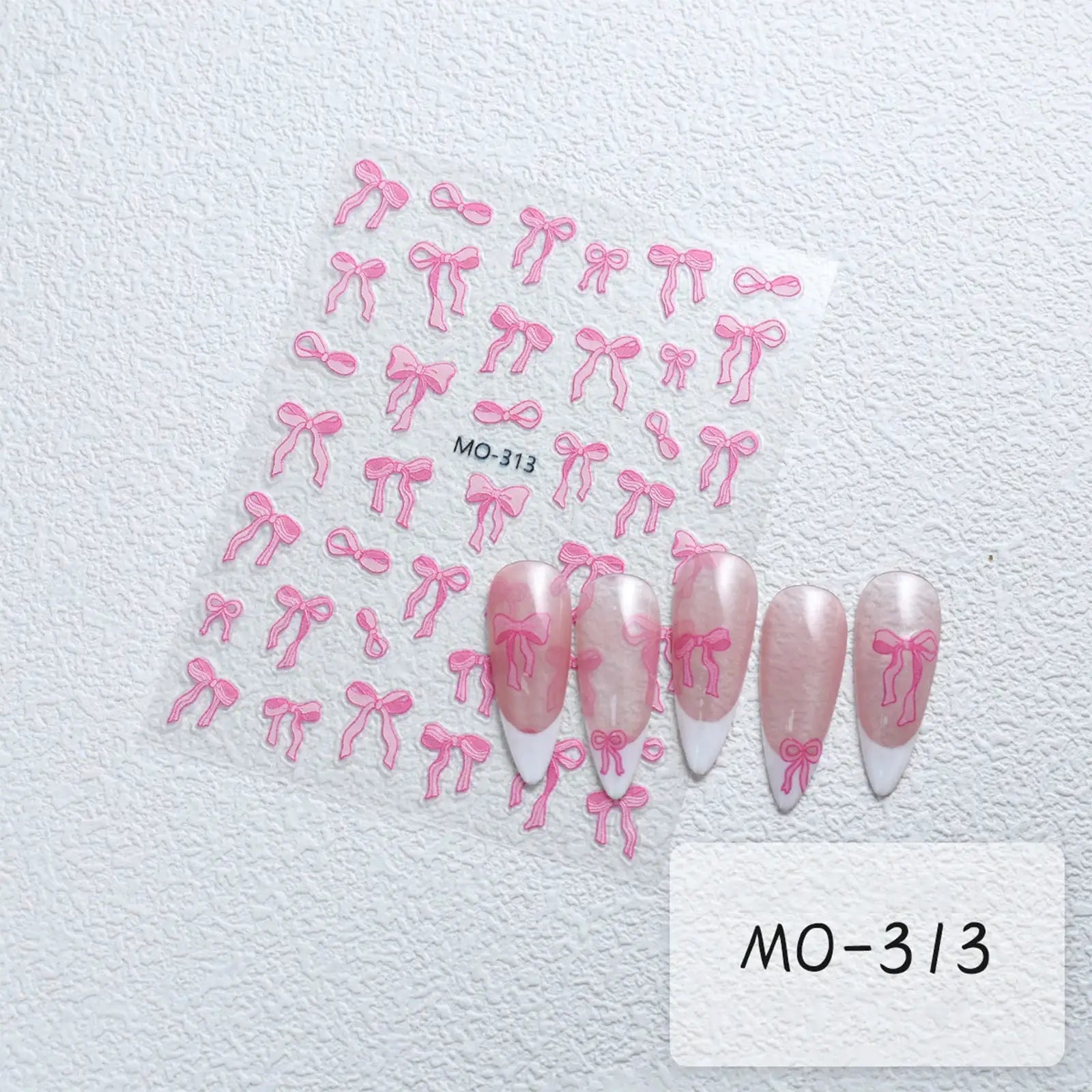 Bowknot Nail Stickers 3D Relief White Ribbon Pink Self Adhesive Nail Art Decals For Tips Manicures