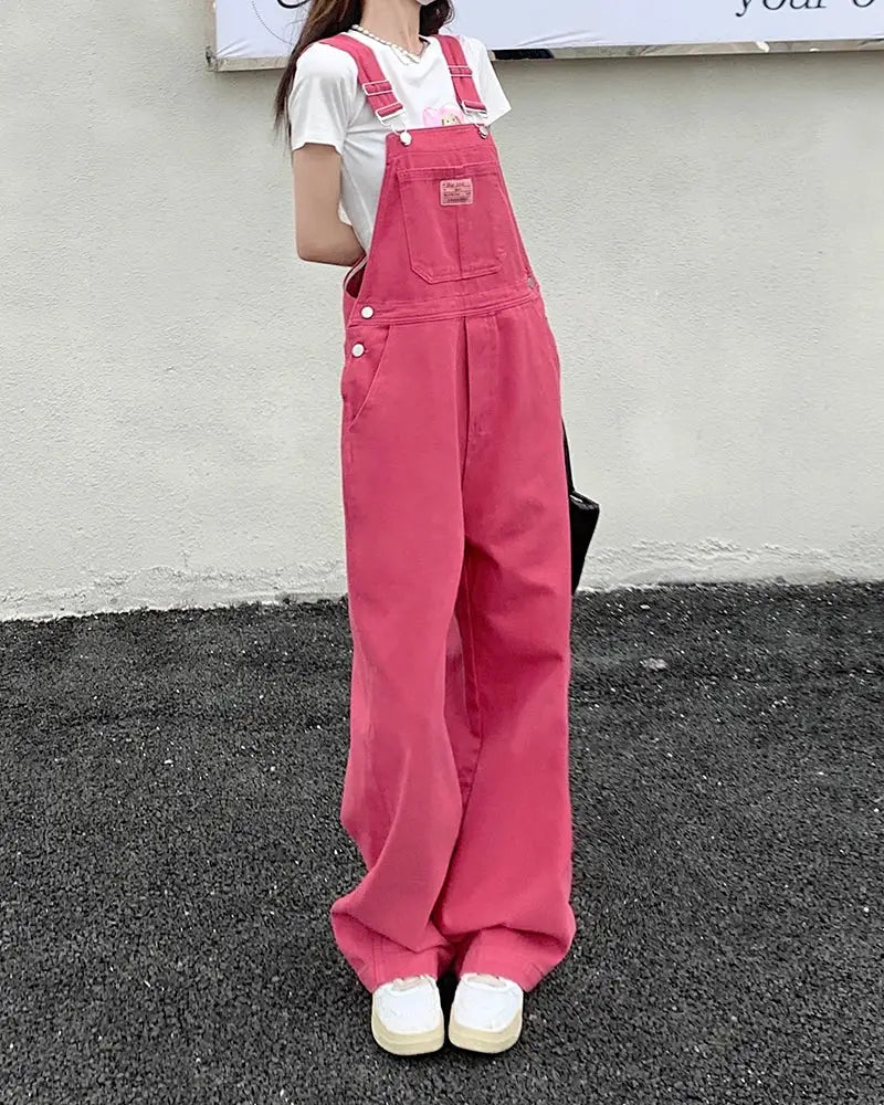 Simples Market pink women's denim overalls with buckle straps and loose wide-leg fit