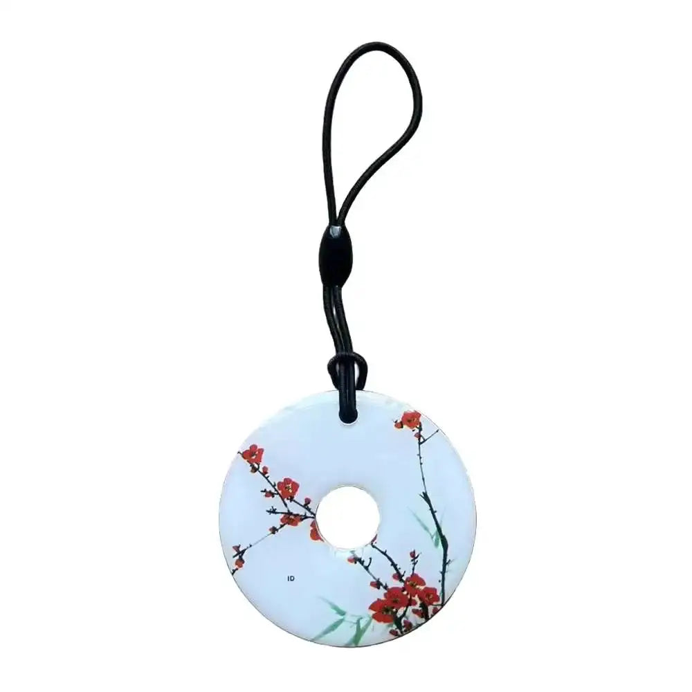 1pc RFID EM4305 T5577 125KHz key tag disc with floral pattern and black lanyard