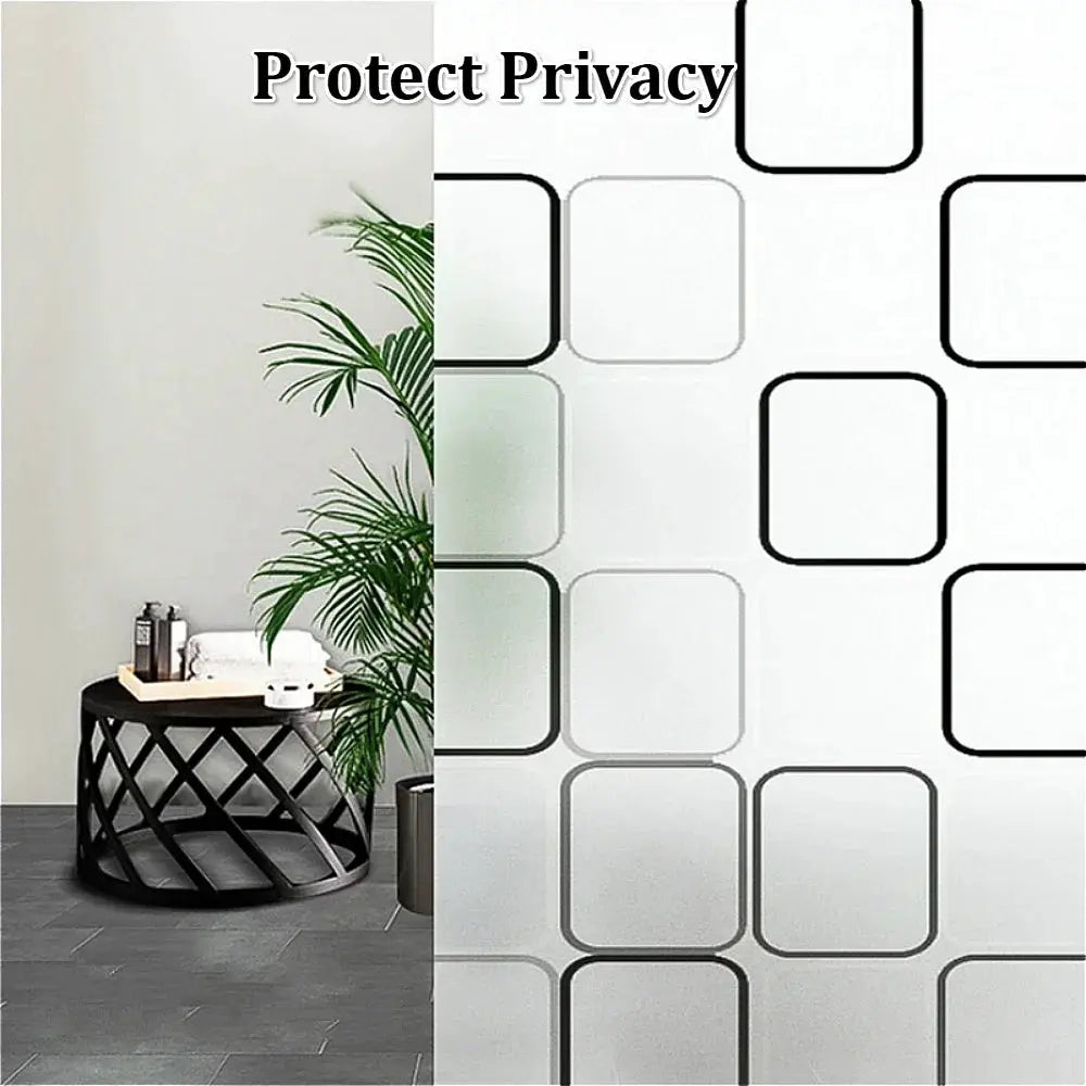 Shower curtain with white and gray square-grid pattern; black-bordered privacy bathroom screen.