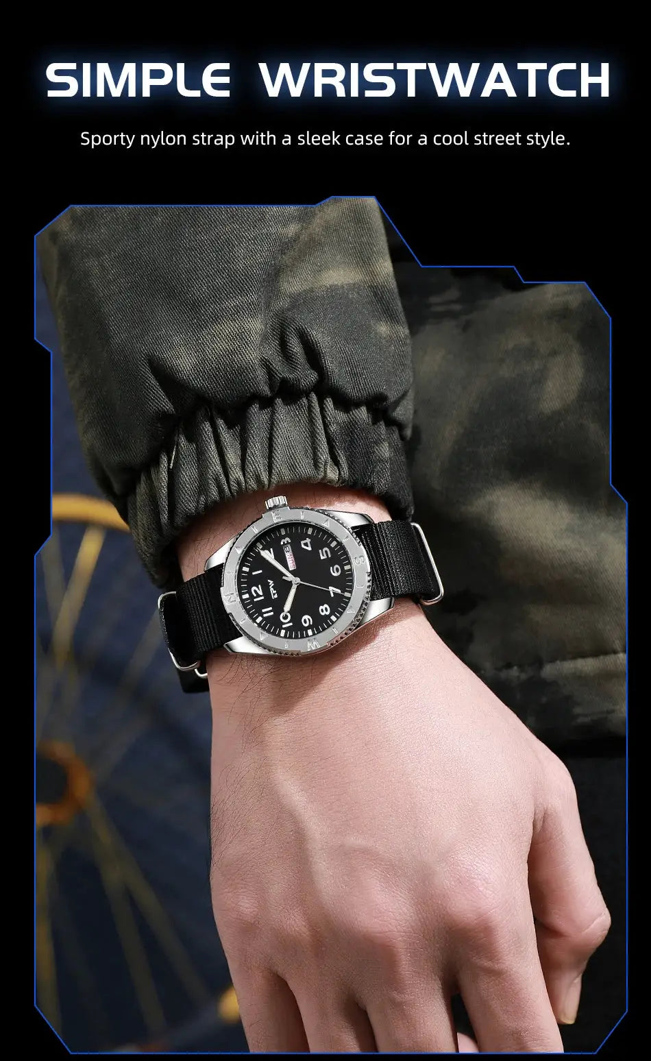 Simples Market 2026 TPW 40mm Field Watch with black dial, silver bezel and nylon fabric strap