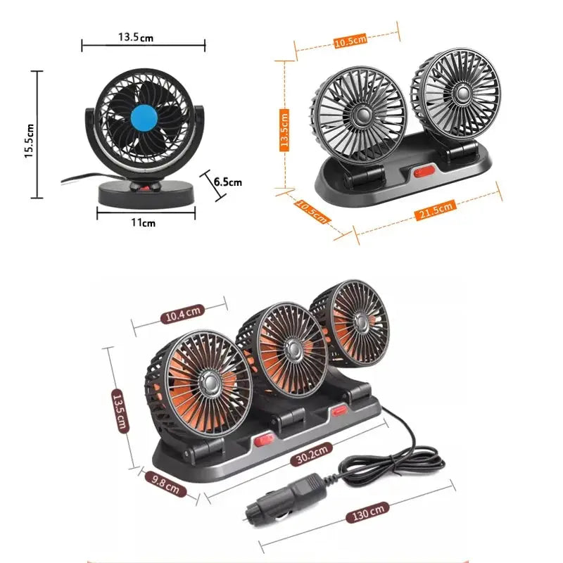 Simples Market three-head car fan set with USB/12V/24V power and cigarette lighter adapter