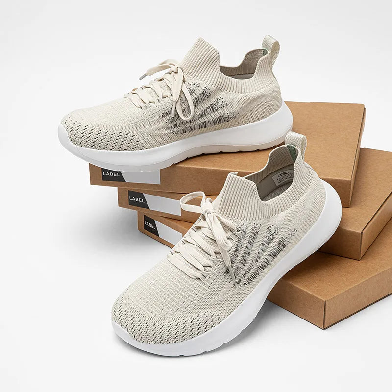 HOBIBEAR unisex running sneakers, beige knit mesh walking shoes pair