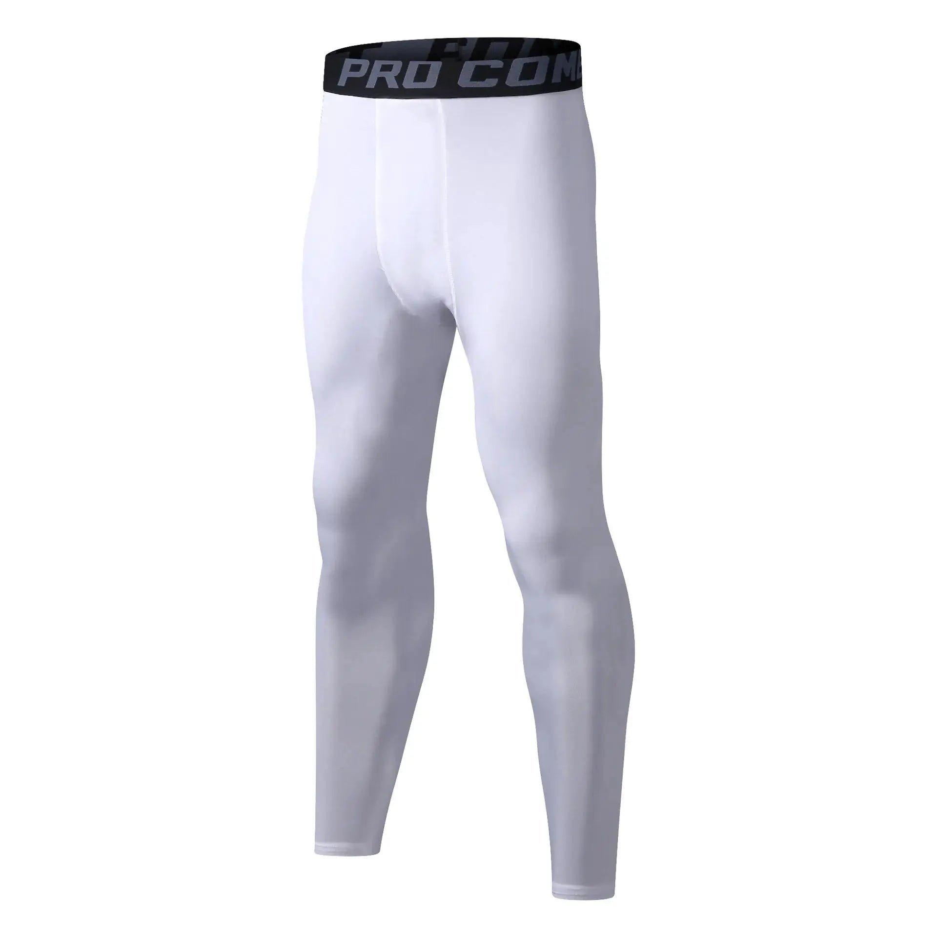 Men's compression tights with black PRO COM waistband on white fabric, Simples Market base layer