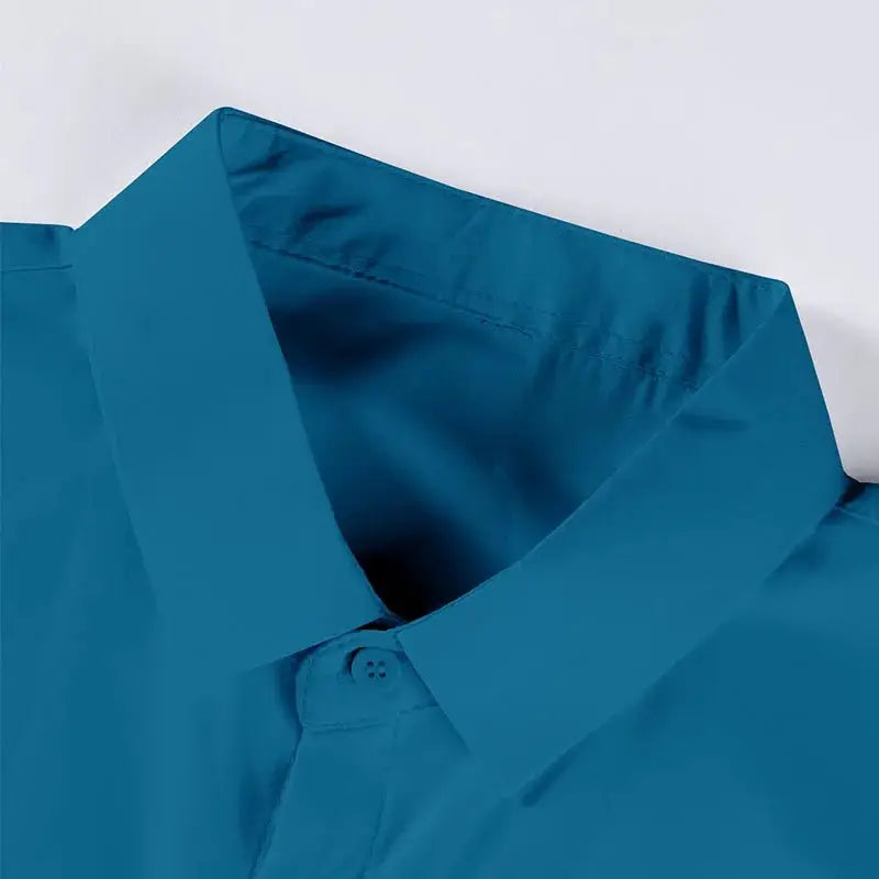 Men's teal blue solid short-sleeve dress shirt collar close-up, Simples Market