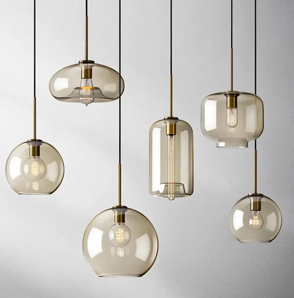 Simples Market Nordic LED glass chandelier, 5-pendant brass-accented smoky amber glass lights