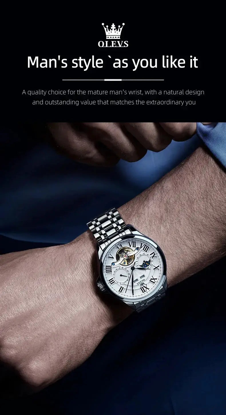OLEVS men's stainless steel watch with Roman numerals, skeleton dial, moon phase indicator, automatic movement.