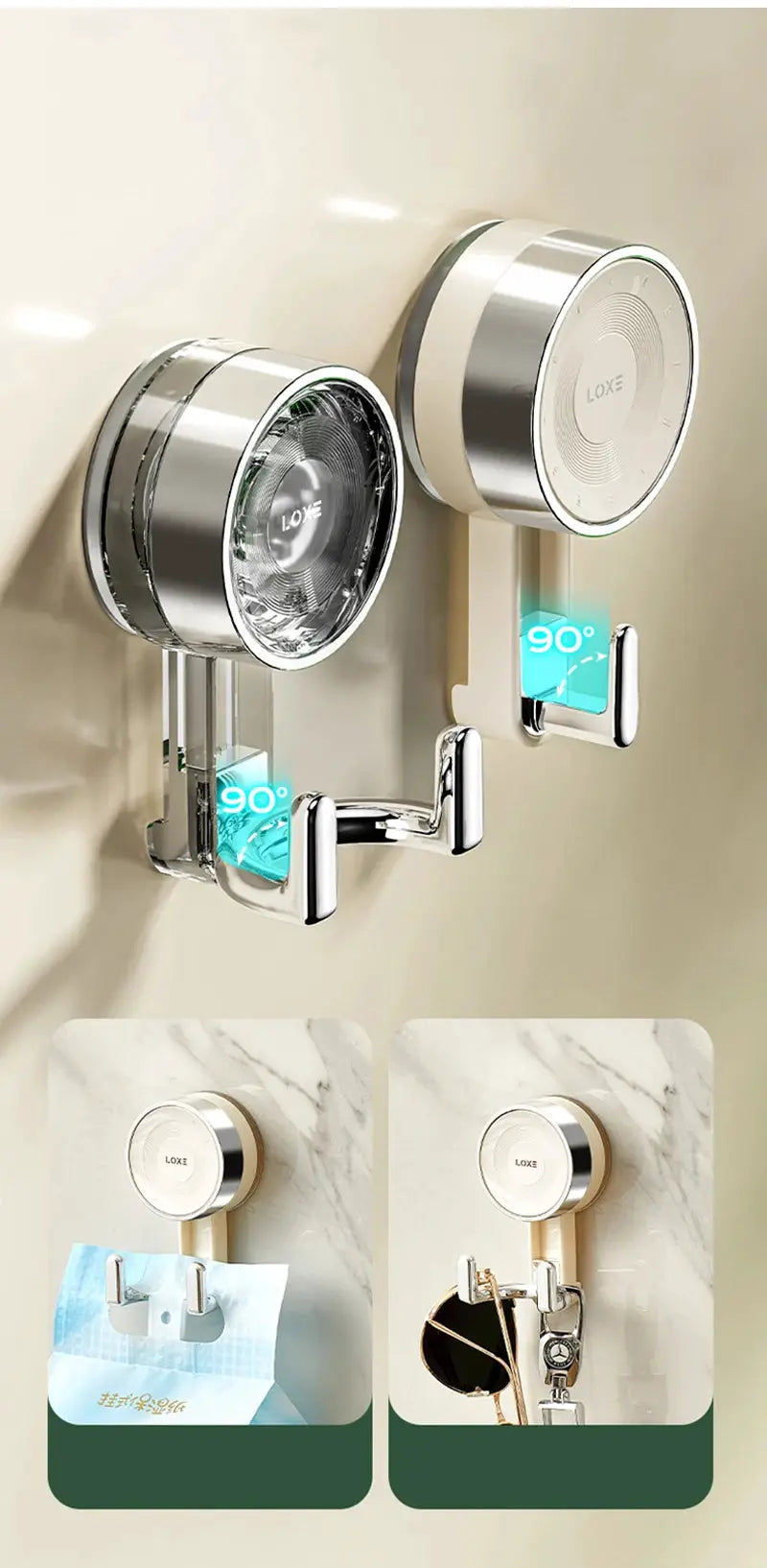 Suction cup bathroom wall hooks with chrome finish and double hooks, LOXE branding visible, Simples Market