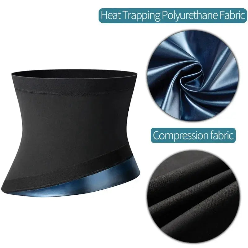 Mens waist trainer belt by Simples Market in black with blue trim; heat-trapping polyurethane and compression fabric