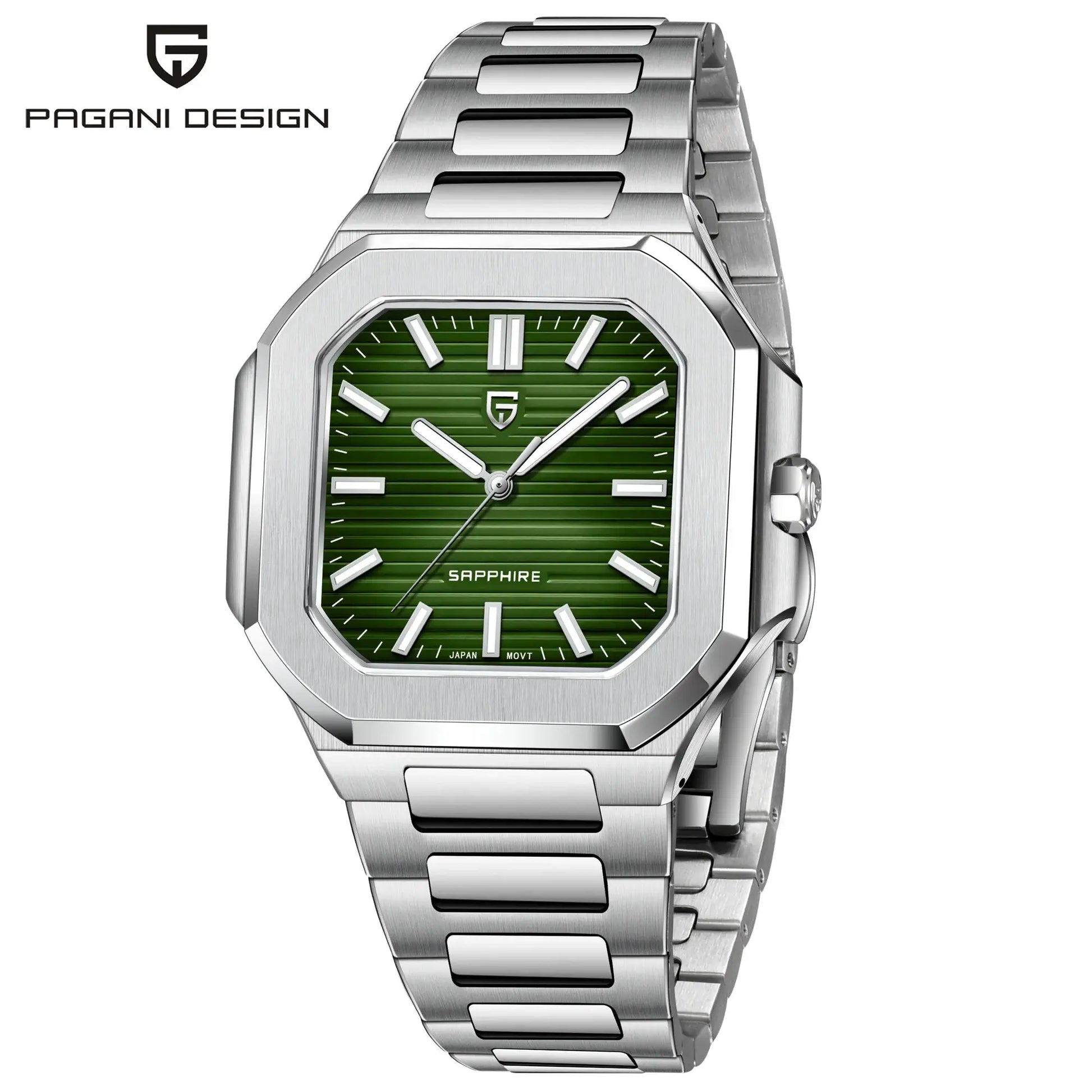 Pagani Design men's stainless steel watch with green dial and sapphire crystal