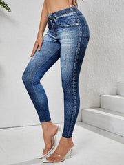 Women's imitation denim leggings with pockets by Simples Market, high-stretch tummy control in blue wash.
