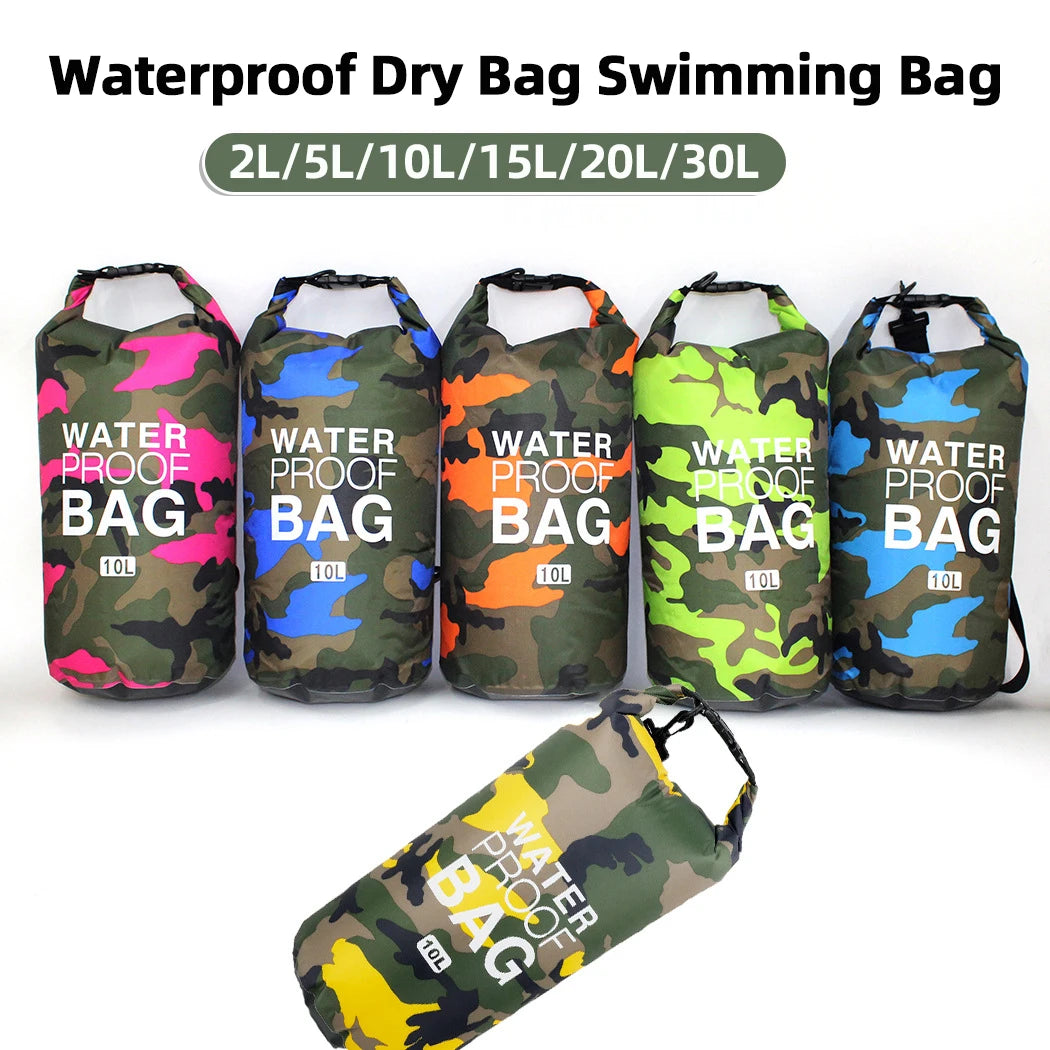 Six camouflage waterproof dry bags, 10L each, for outdoor swimming and kayaking gear