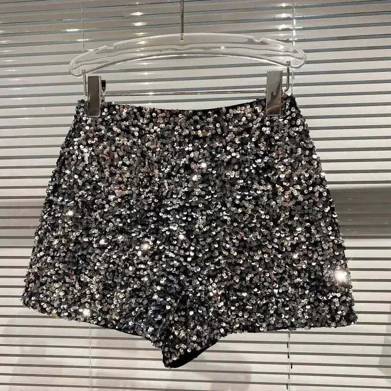 Women's black sequin shorts, shiny and versatile clubwear hot pants