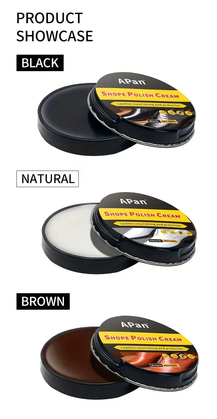 APan shoe polish cream set for faux leather; black, natural, brown tins