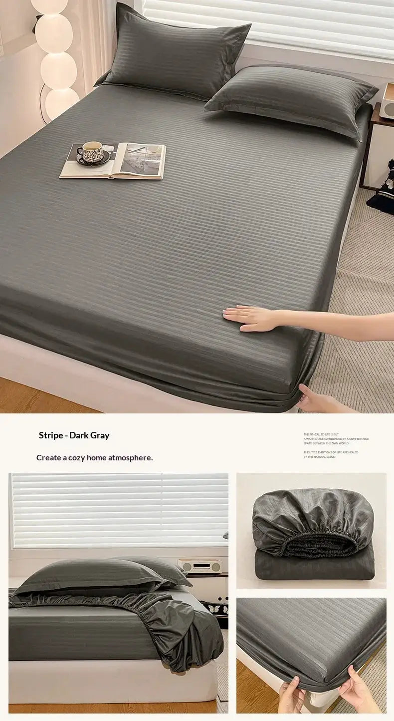 Fitted bed sheet with elastic band in dark gray stripe, soft fabric for single to king beds.