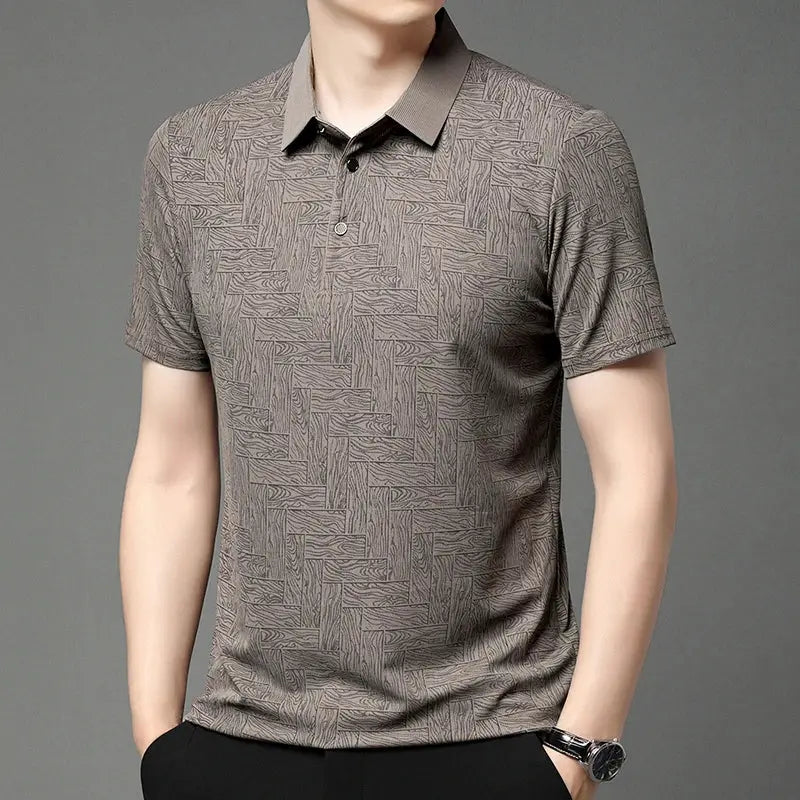 Men's brown geometric-pattern short-sleeve polo shirt for business casual.