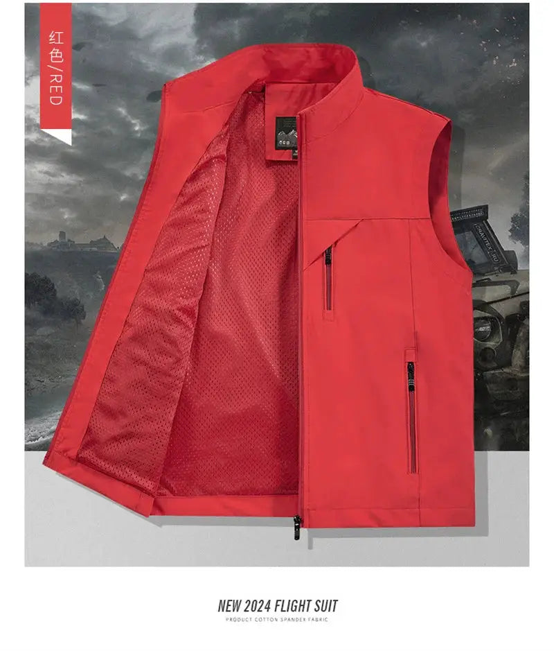 Men's red windproof sleeveless biker vest with zip pockets