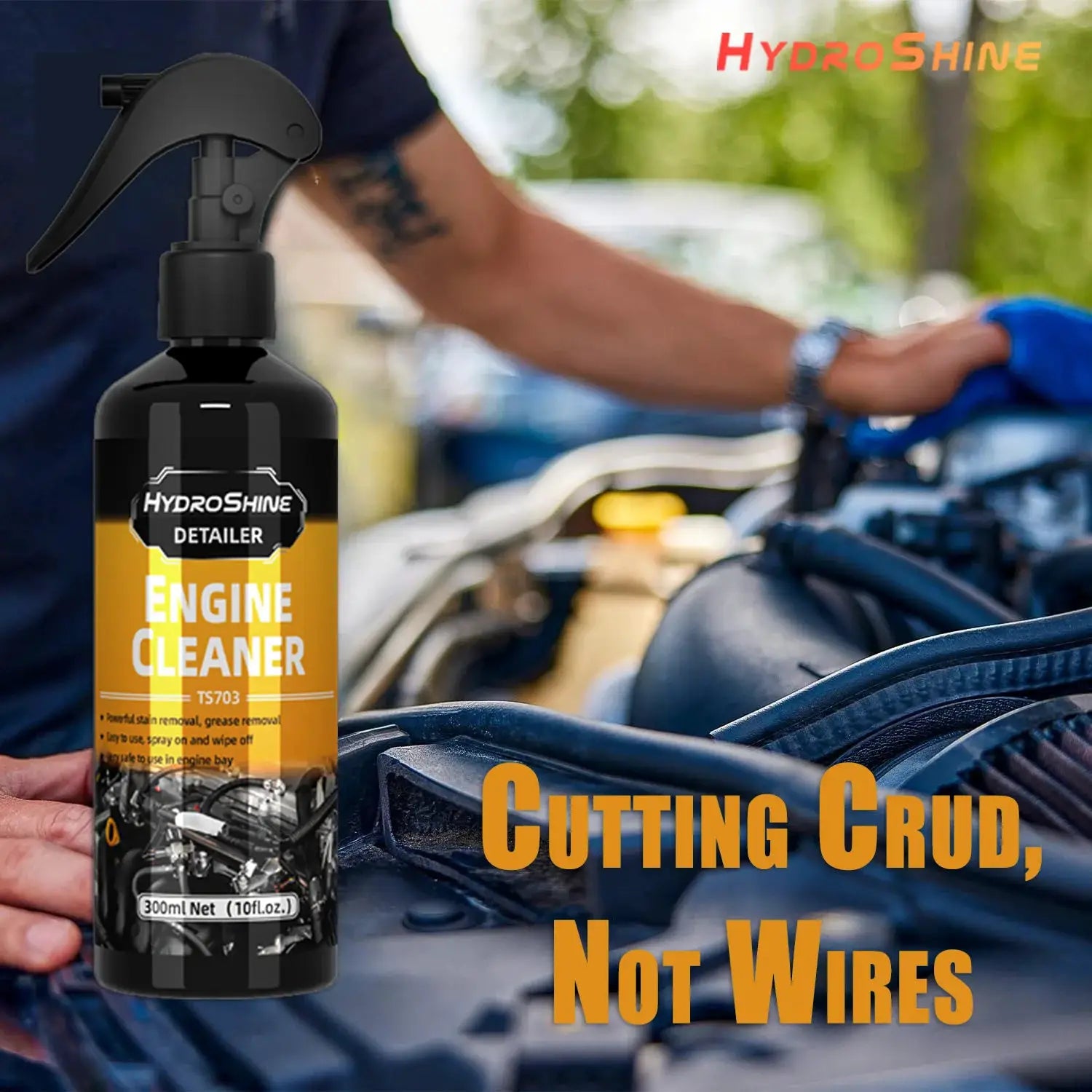 HydroShine Engine Cleaner spray bottle by Simples Market with yellow label, engine bay detailer