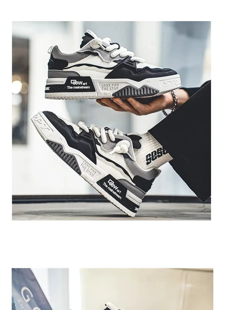 Men's skate shoes by Simples Market, black and white pair with lace-up, non-slip chunky soles