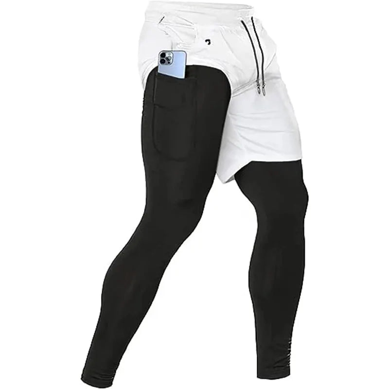 Men's 2-in-1 training pants: white shorts over black leggings, Simples Market gym jogger pants