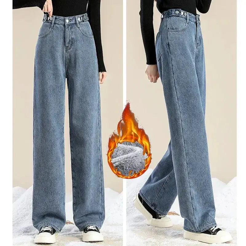 Winter Plush Thermal High Waist Jeans For Women Fleece Lined Pants