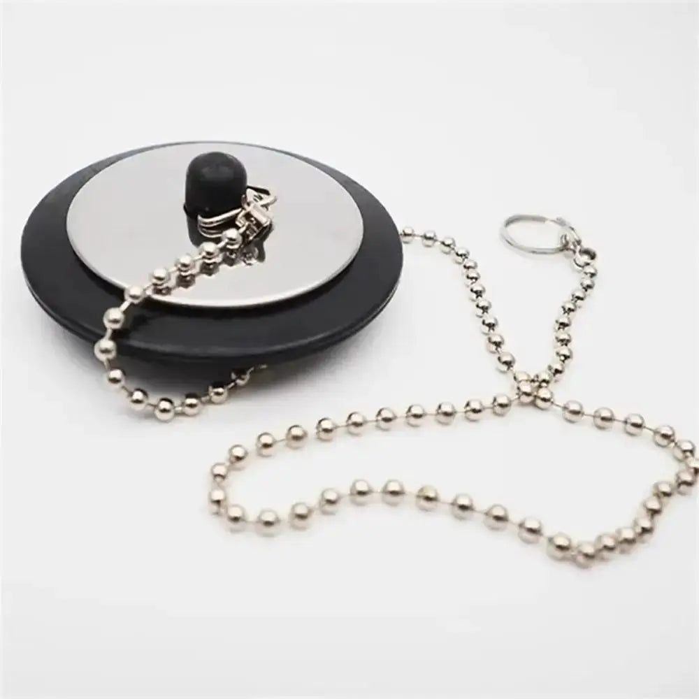 Simples Market black rubber tub stopper with chrome disc and chain, universal bath drain plug
