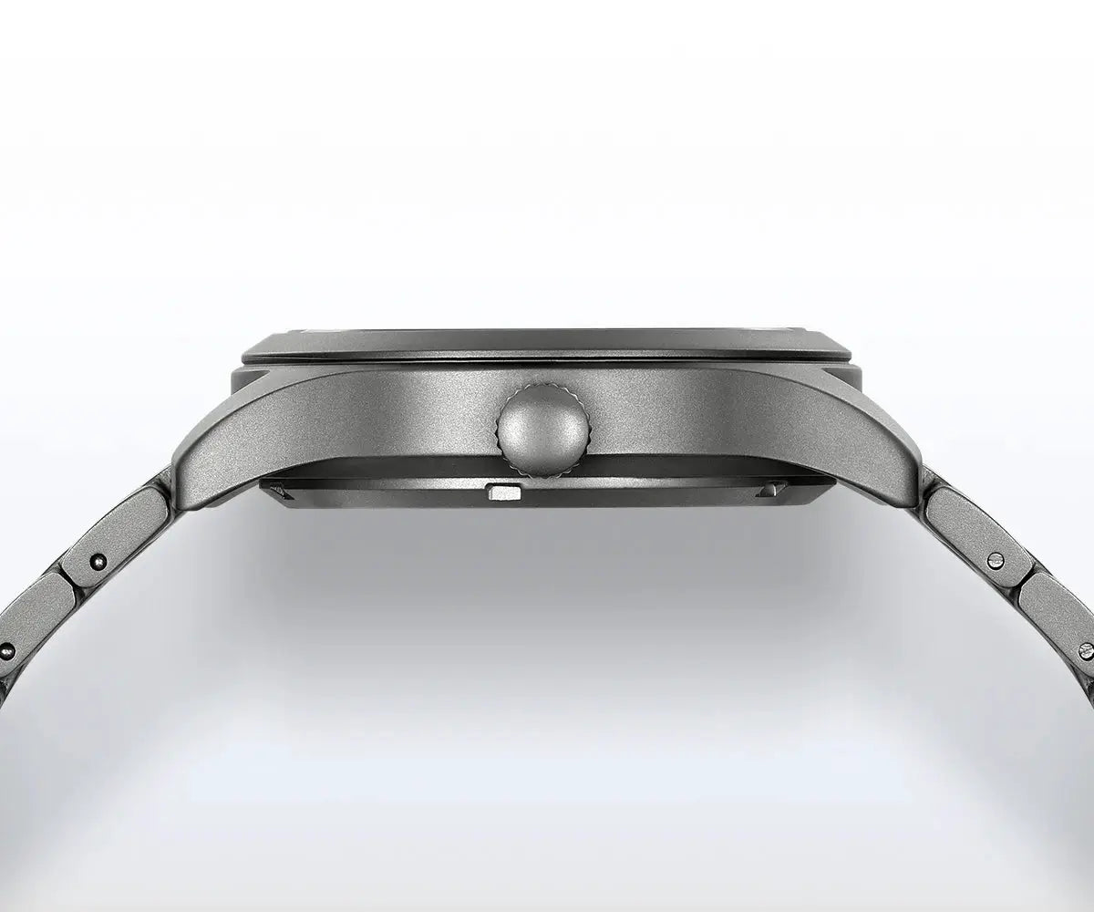 BERNY titanium automatic men's watch; grey brushed case and bracelet with crown visible