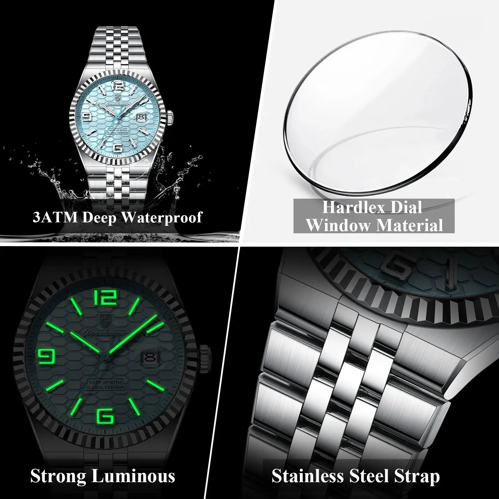 POEDAGAR men's watch with light-blue dial, stainless steel strap, luminous hands, date window, 3ATM waterproof
