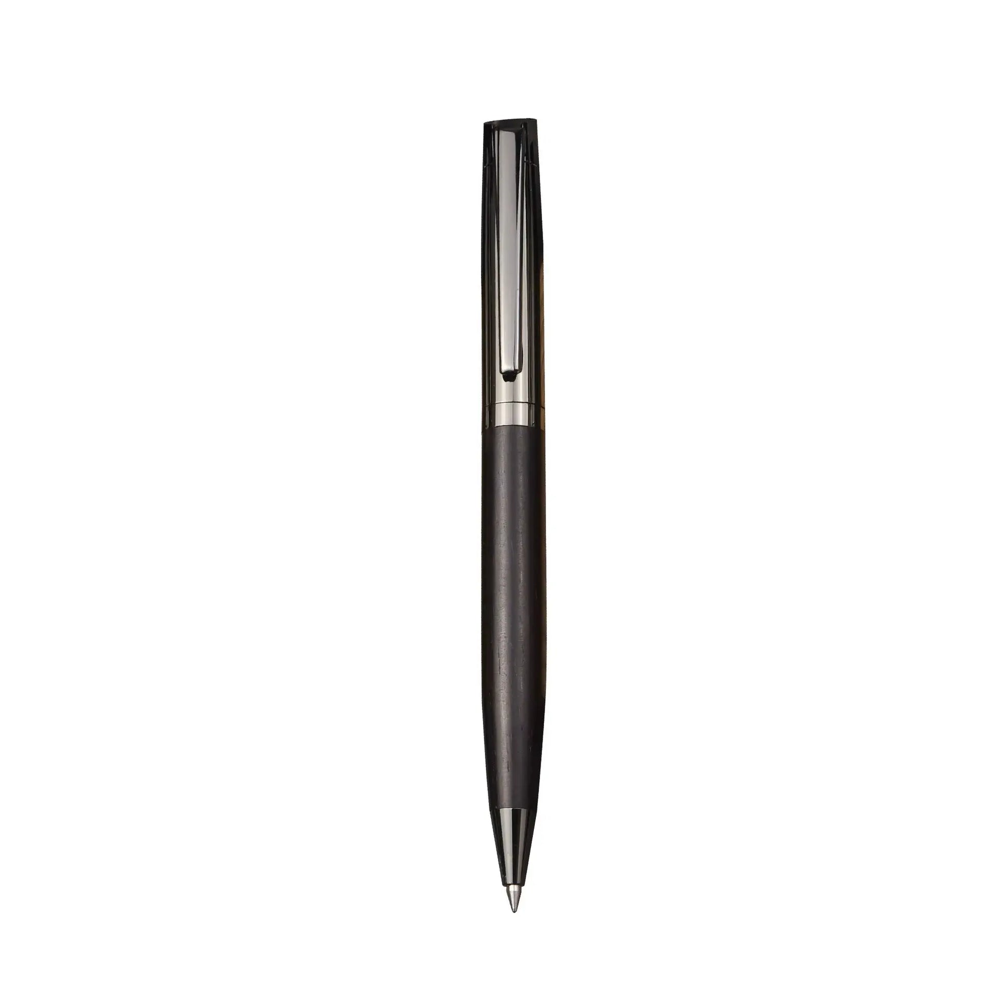 Premium metal ballpoint pen with wood barrel and black ink, sleek high-end design