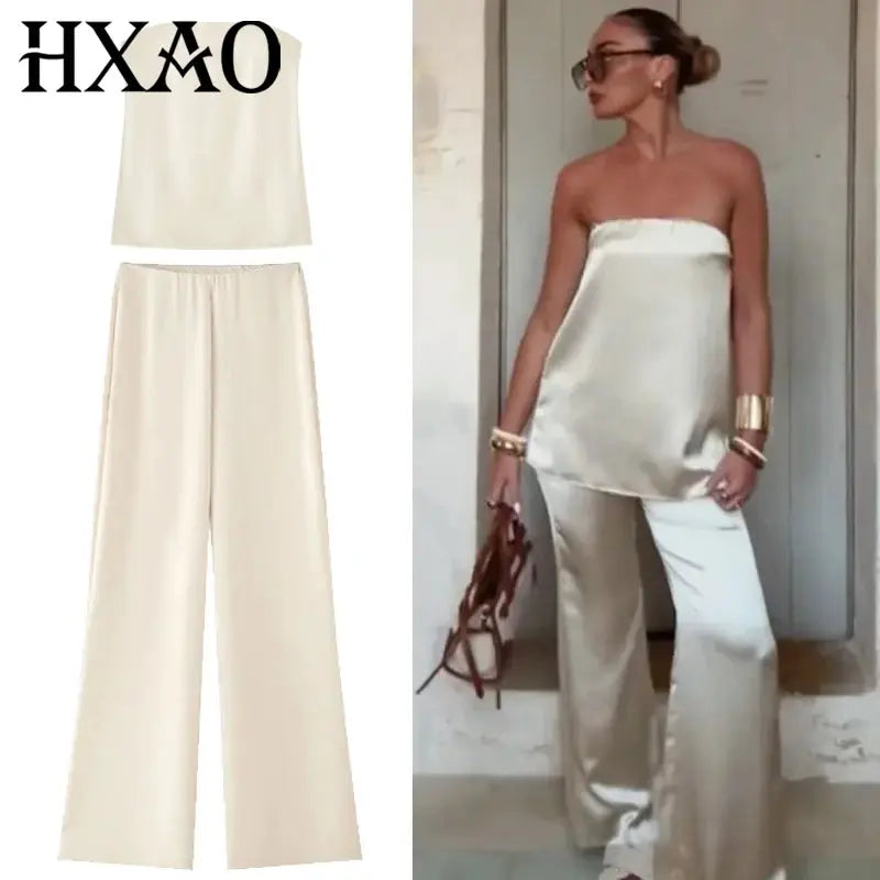 Satin Two Piece Set Women Off Shoulder Strapless Vest High Waist Pants