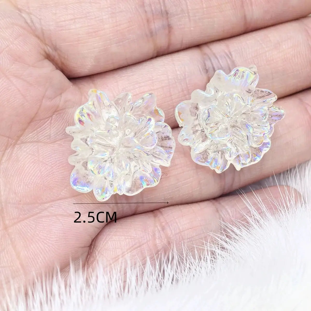 Camellia flower stud earrings, clear iridescent, set of 2, each about 2.5cm