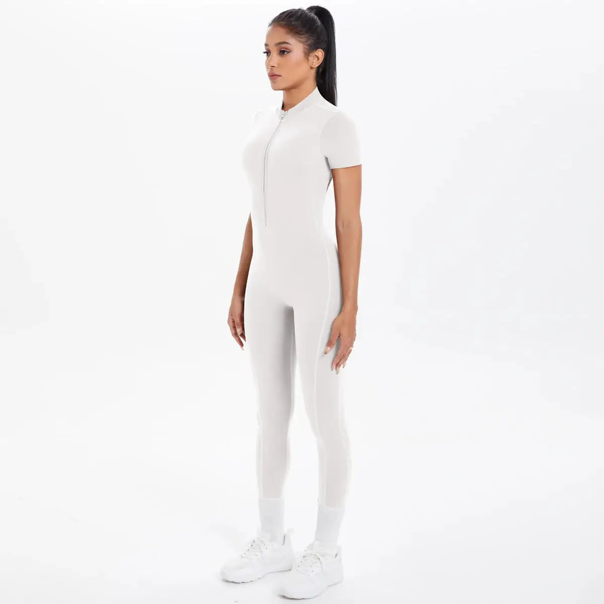 Women's white short-sleeve fitness jumpsuit with front zipper, form-fitting one-piece bodysuit for gym and yoga