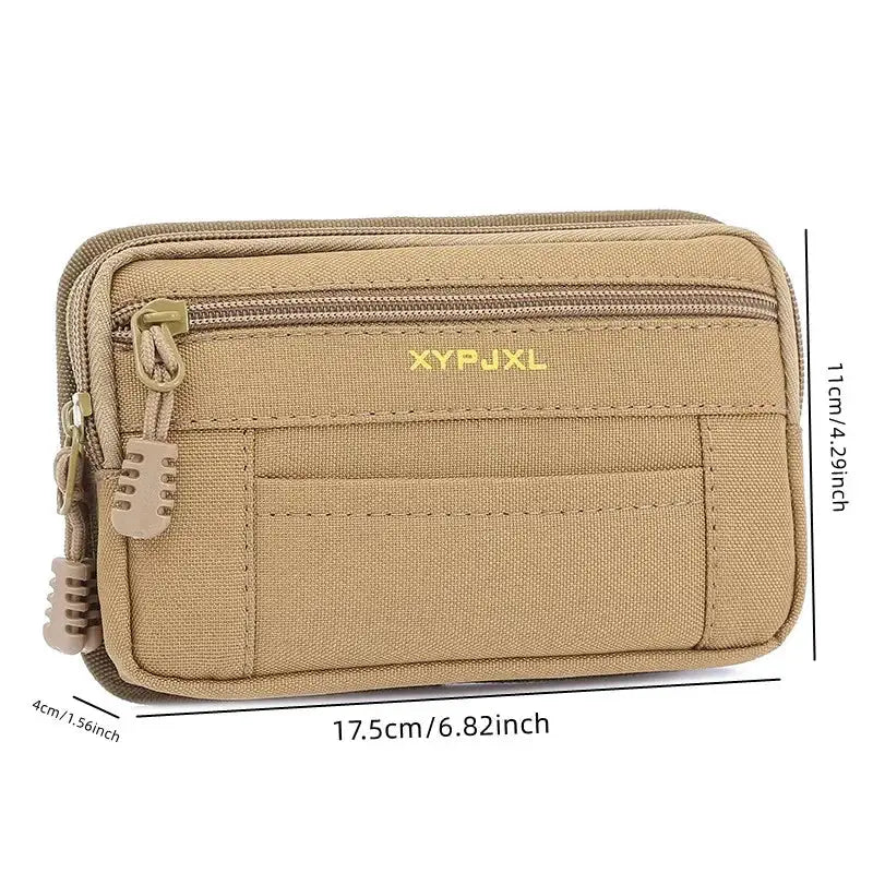 Simples Market men's tan nylon waterproof tactical waist pack with MOLLE system, front zip pocket, and two zipper pulls