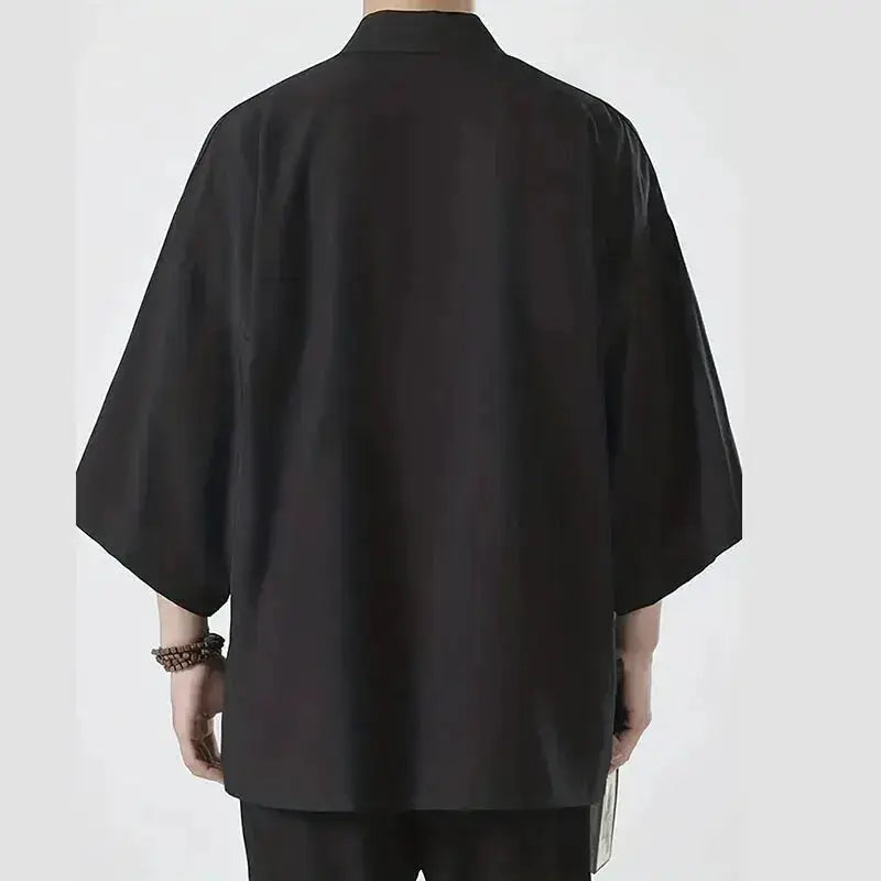 Men's black kimono-style cardigan, lightweight open-stitch outerwear with 3/4 sleeves by Simples Market.