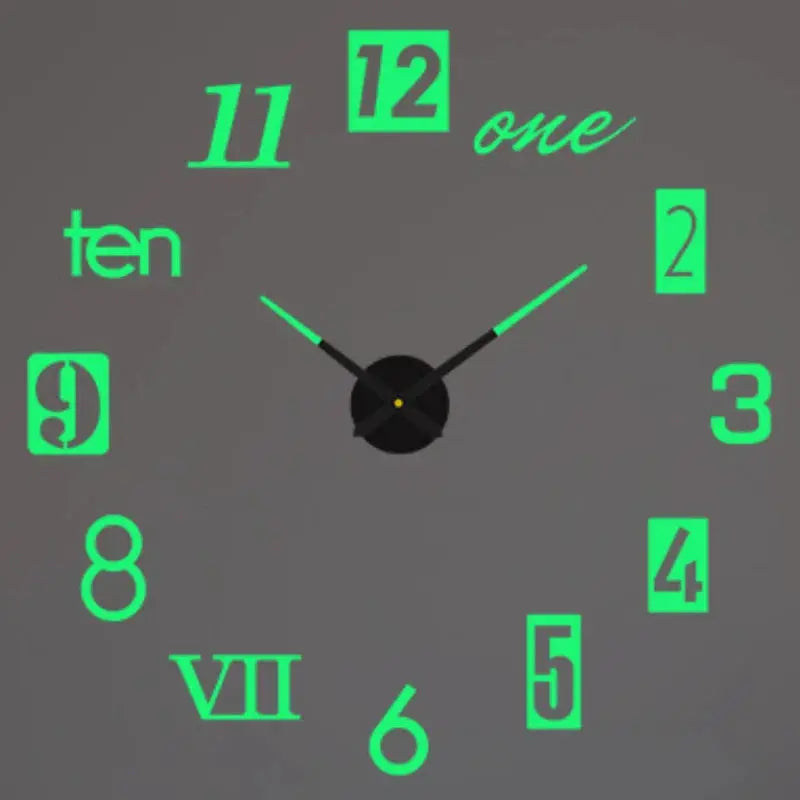 Wall clock with neon-green 3D digits and black hands; acrylic mirror sticker numbers for modern living room decor