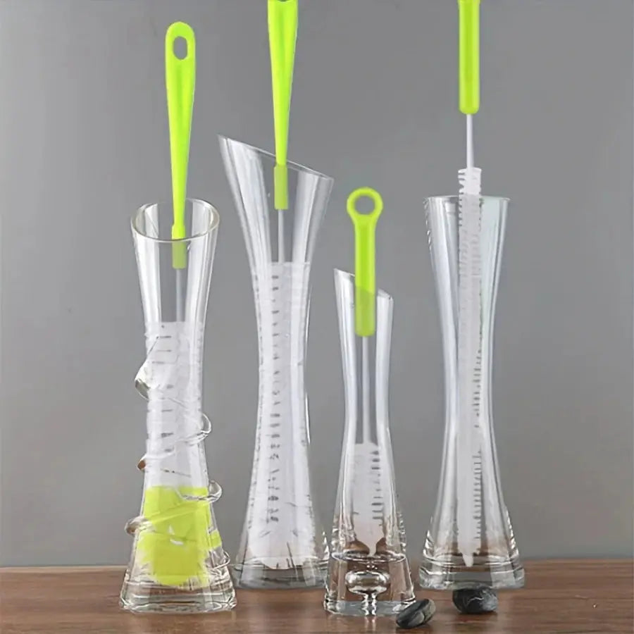 8-piece long-handled bottle cleaning brush set with neon lime handles by Simples Market for narrow bottles