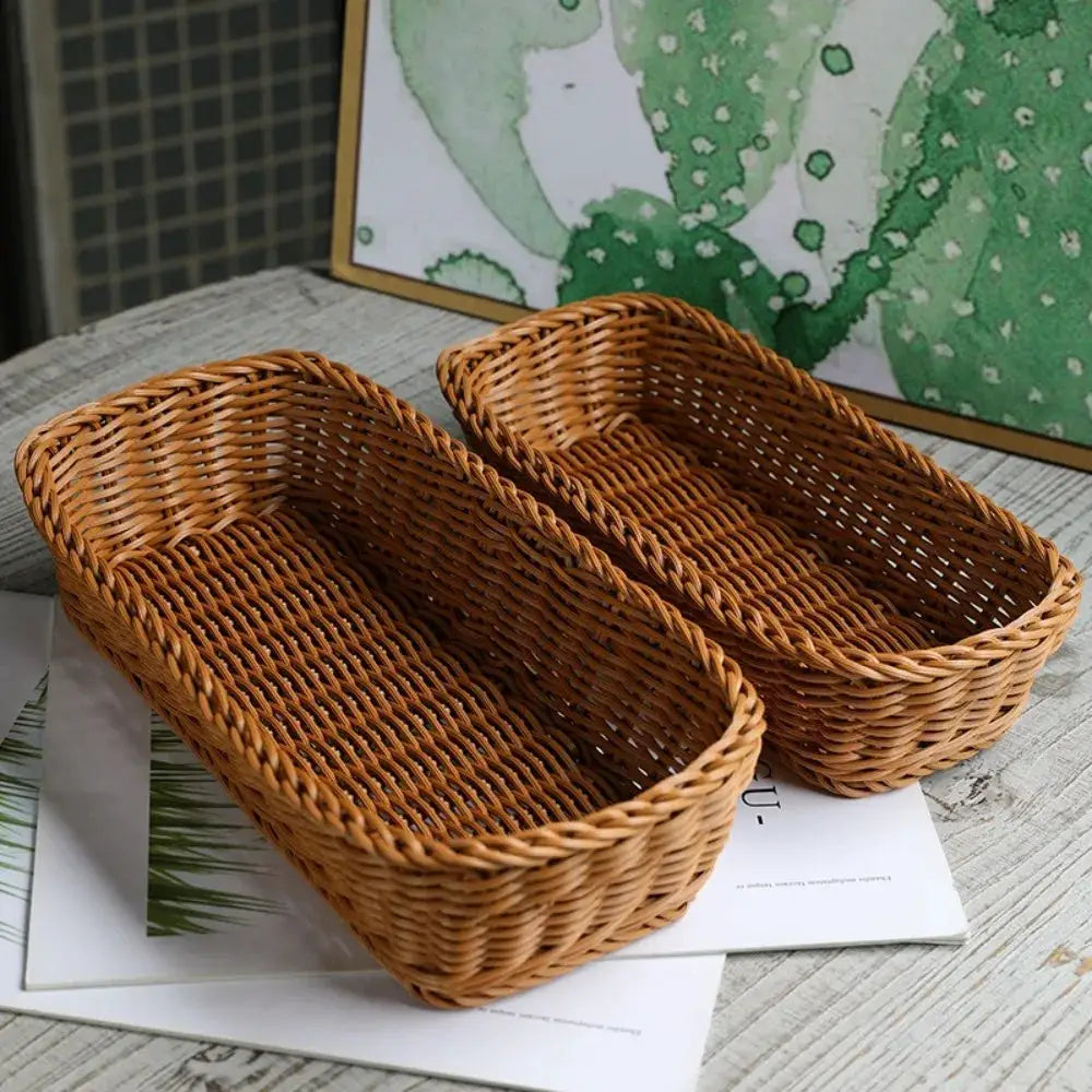 Imitation rattan storage baskets, two brown faux wicker rectangular trays for desk or display
