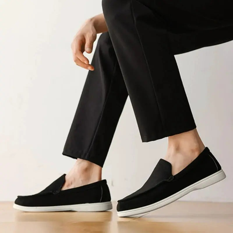 Men's suede loafers by Simples Market, black slip-on driving moccasins with white sole