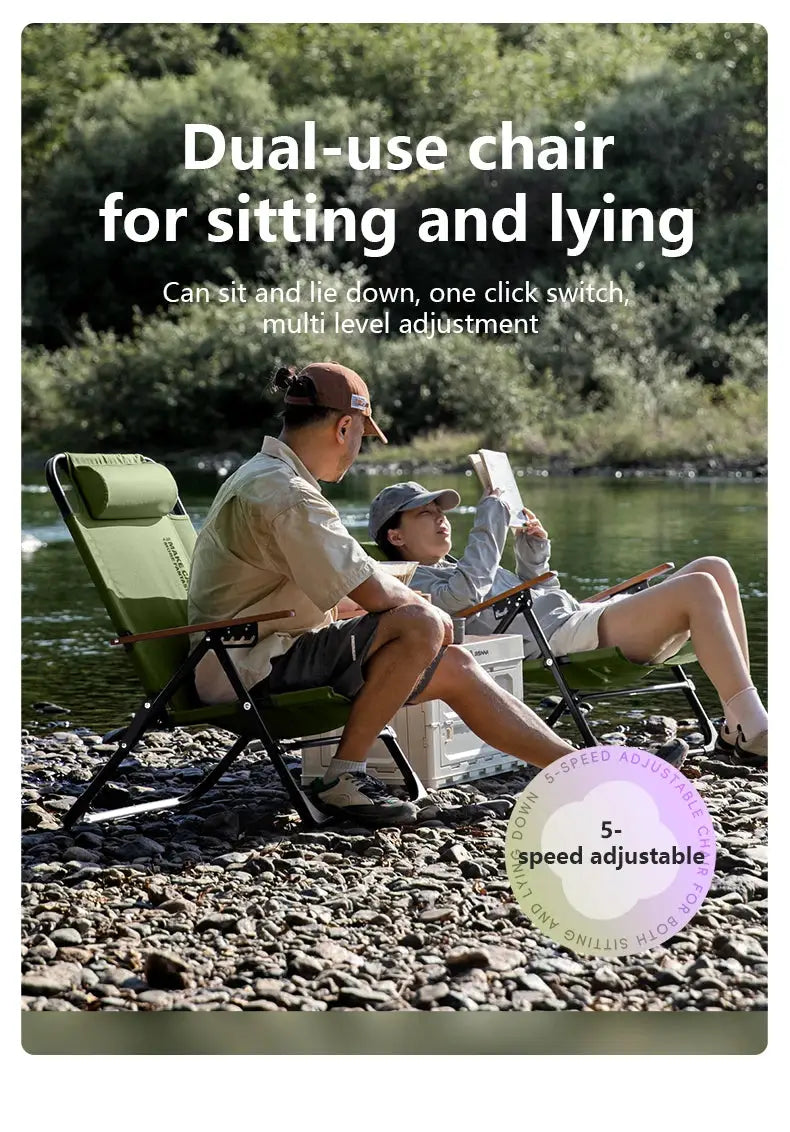 BISINNA camping folding chair by Simples Market, green with adjustable armrests and detachable pillow