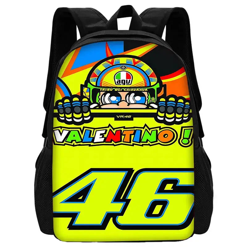 Kids backpack with Valentino Rossi VR46 graphic in neon yellow and black sides