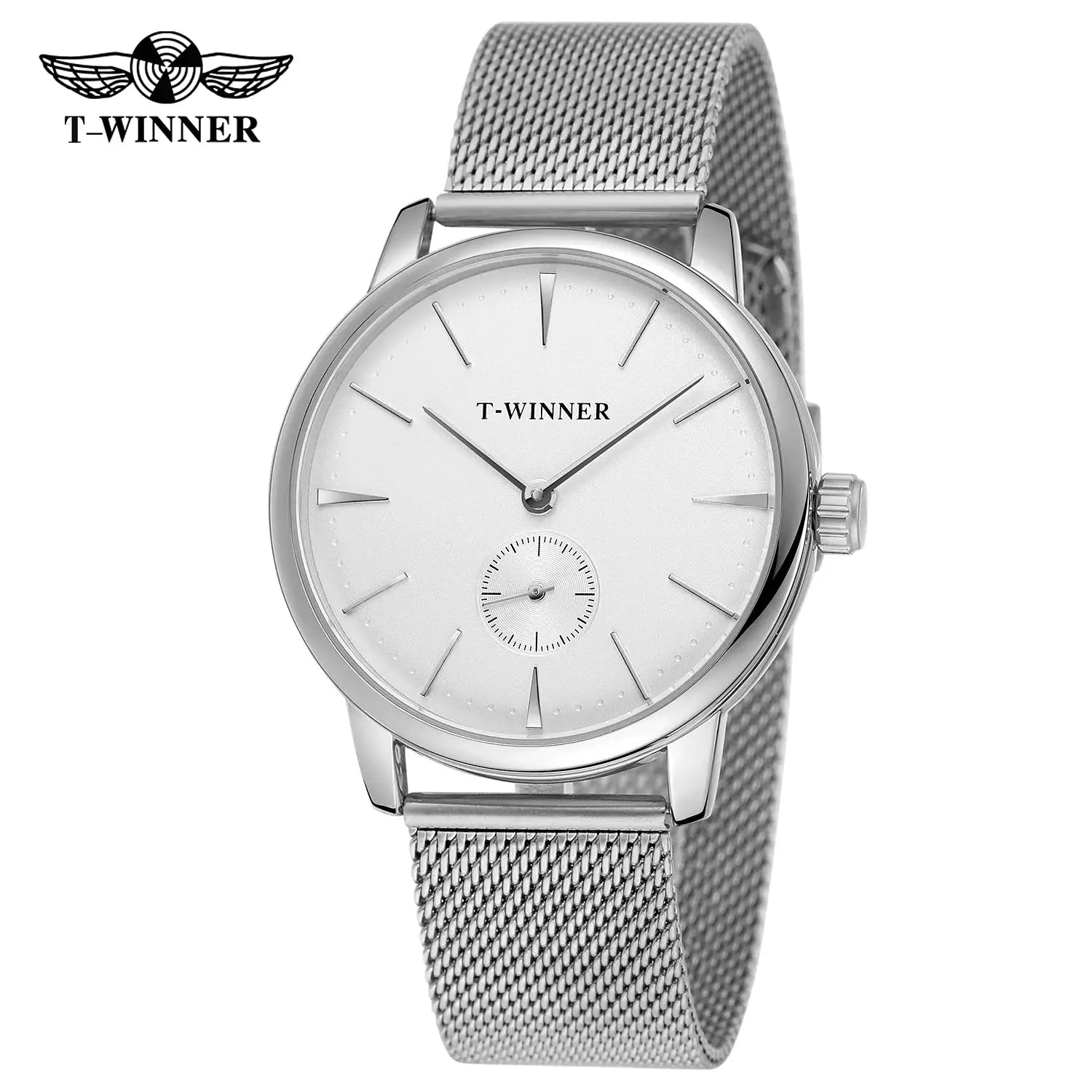 T-WINNER men's stainless steel mesh strap watch with white dial and small seconds subdial