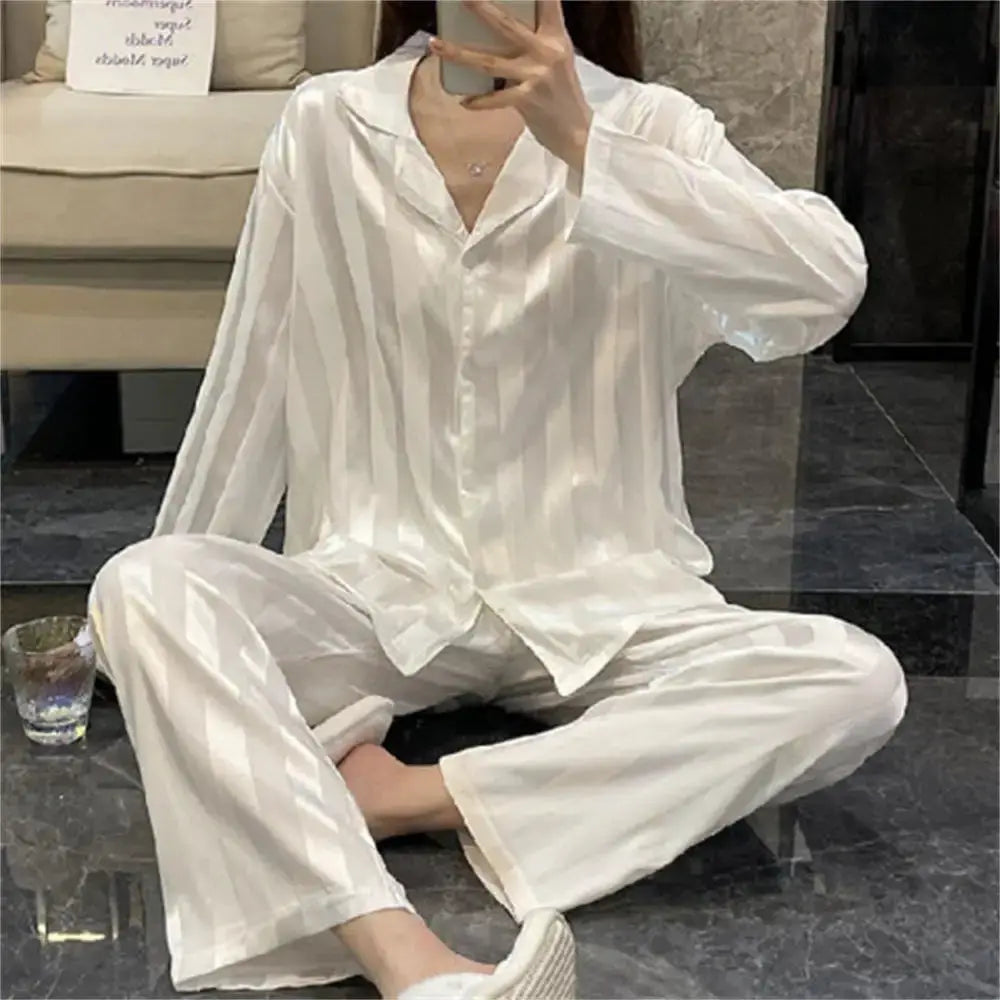 LuxeNest Womens Striped Satin Pajama Set Loose Fit All Season Comfort In Breathable Imitation Silk Polyester