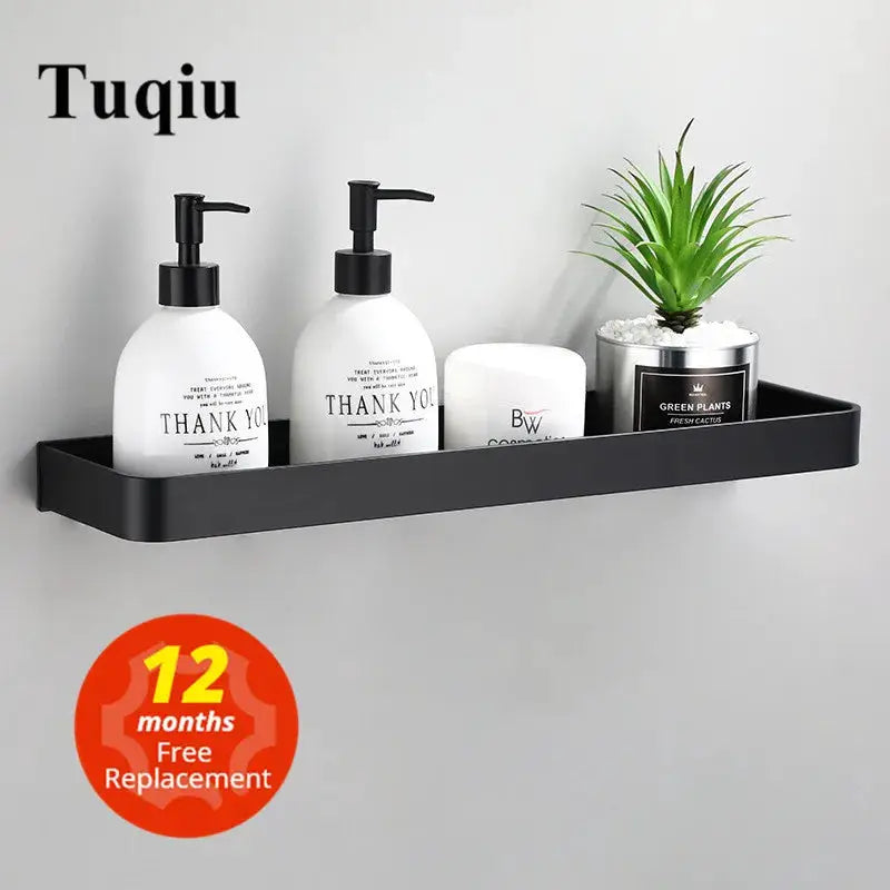 Bathroom corner shelf, black aluminum, wall-mounted Tuqui brand with bottles and plant