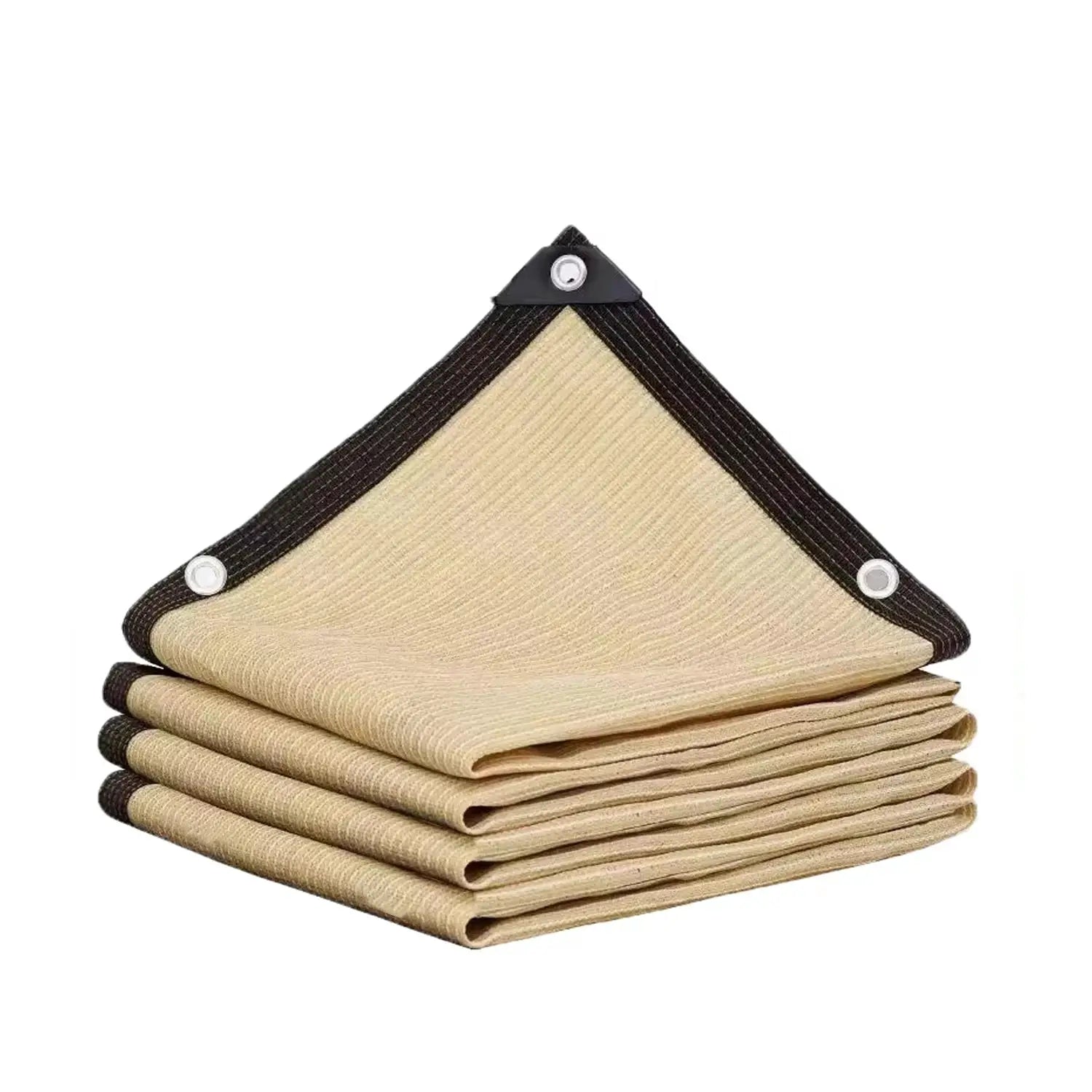 Simples Market heavy-duty shade cloth with brown edging and grommets, beige fabric folded in a stack