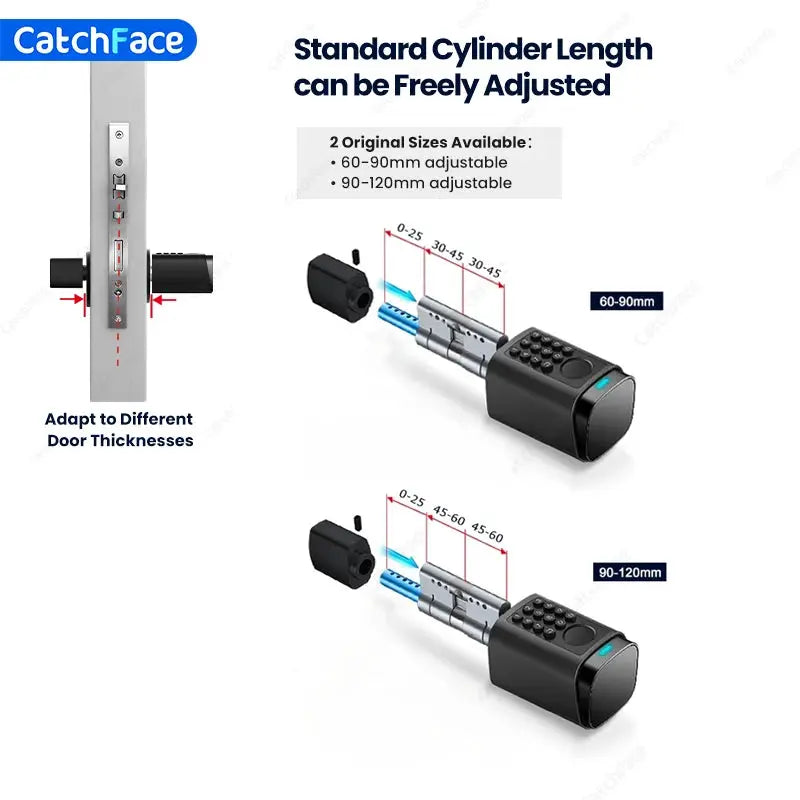 CatchFace smart door lock with fingerprint keypad and RFID; adjustable 60–90mm or 90–120mm cylinder, IP66 waterproof.