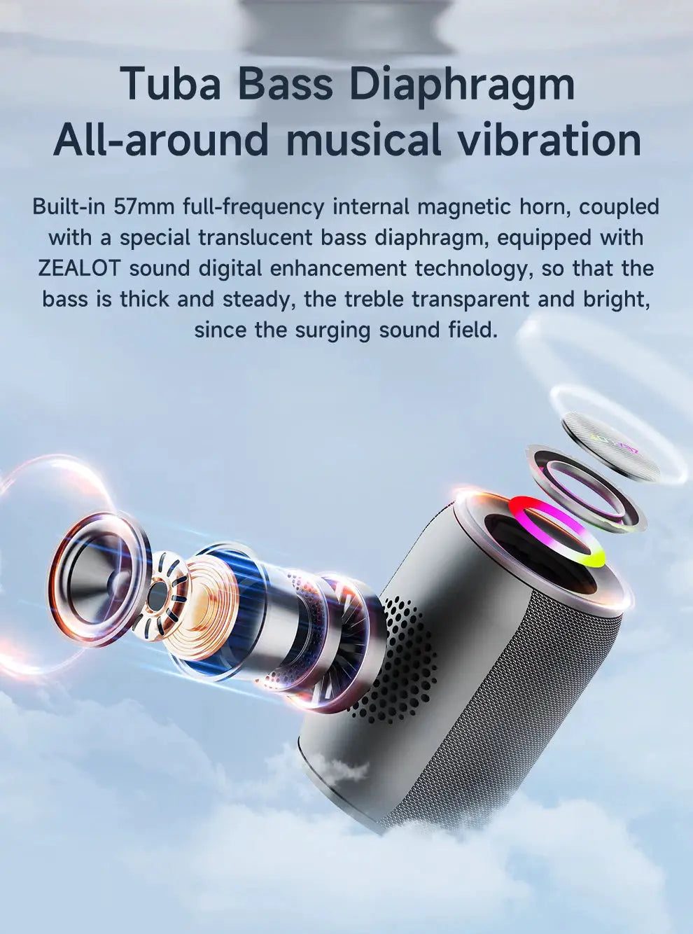 ZEALOT-S32PRO Bluetooth speaker with LED ring, gray waterproof outdoor speaker