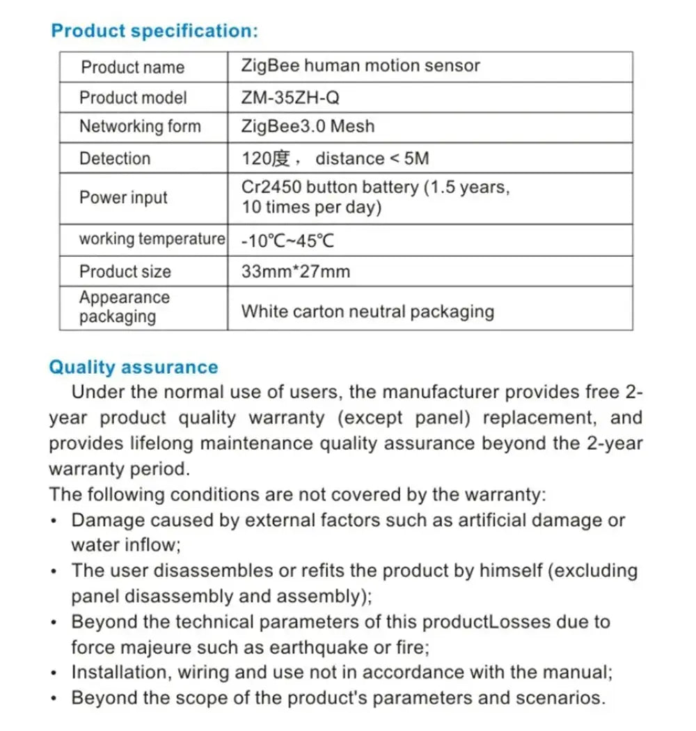 ZigBee human motion sensor spec sheet; model ZM-35ZH-Q, 120° detection, CR2450 battery, 33x27mm.