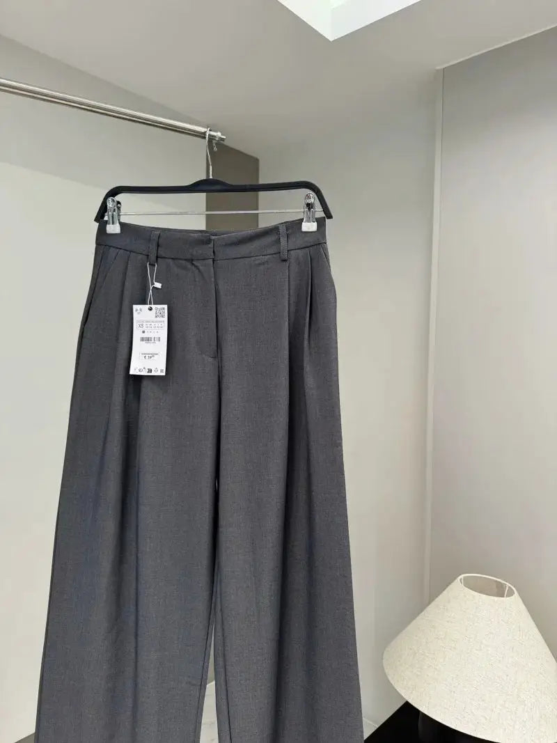Simples Market ETJ 2025 women's gray high-waisted pleated wide-leg suit pants