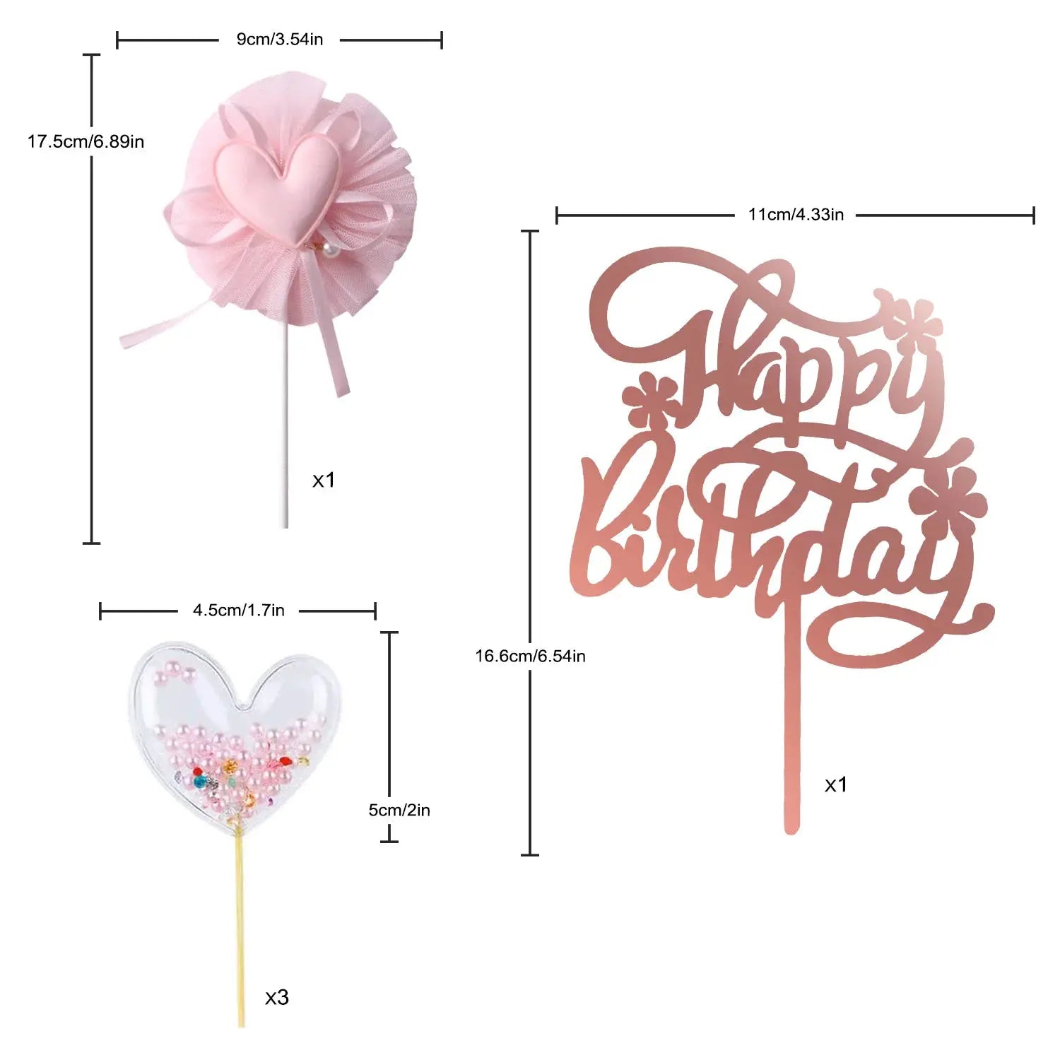 Restards Rose Gold Happy Birthday Cake Topper Cupcake Toppers With Pink Pearl Heart Decorations For Girls Princess Party