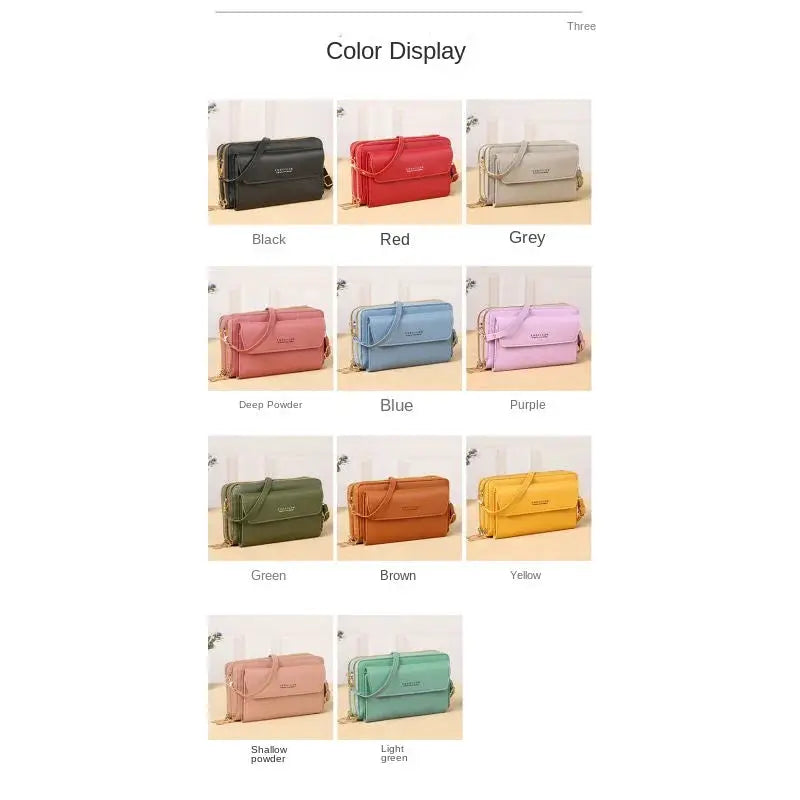 Simples Market women's crossbody bag color display; 11 options (black, red, grey, blue, green).